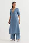 Buy_TIC_Blue Cotton Slub Plain Collared Neck Two Tone Kurta With Pant _Online_at_Aza_Fashions