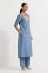 Shop_TIC_Blue Cotton Slub Plain Collared Neck Two Tone Kurta With Pant _Online_at_Aza_Fashions