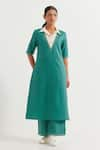 Buy_TIC_Green Cotton Slub Plain Collared Neck Contrast Straight Kurta With Pant _at_Aza_Fashions