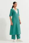 Buy_TIC_Green Cotton Slub Plain Collared Neck Contrast Straight Kurta With Pant _Online_at_Aza_Fashions