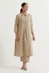 Buy_TIC_Beige Cotton Slub Plain Collared Neck Victoria Kurta With Pant _at_Aza_Fashions