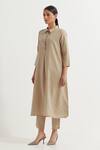 TIC_Beige Cotton Slub Plain Collared Neck Victoria Kurta With Pant _Online_at_Aza_Fashions