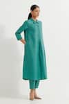 Buy_TIC_Green Cotton Slub Plain Collared Neck Victoria Straight Kurta With Pant _Online_at_Aza_Fashions