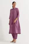 Buy_TIC_Purple Cotton Slub Plain Collared Neck Victoria A-line Kurta With Pant_Online_at_Aza_Fashions