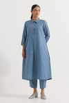 Buy_TIC_Blue Cotton Slub Plain Collared Neck Victoria A-line Kurta With Straight Pant _at_Aza_Fashions