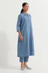 Shop_TIC_Blue Cotton Slub Plain Collared Neck Victoria A-line Kurta With Straight Pant _Online_at_Aza_Fashions