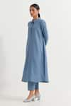 TIC_Blue Cotton Slub Plain Collared Neck Victoria A-line Kurta With Straight Pant _at_Aza_Fashions