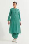 Buy_TIC_Green Cotton Slub Plain Stand Collar Boyfriend Kurta With Pant _at_Aza_Fashions