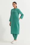 Shop_TIC_Green Cotton Slub Plain Stand Collar Boyfriend Kurta With Pant _Online_at_Aza_Fashions