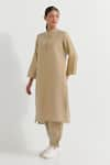 Shop_TIC_Beige Cotton Slub Plain Stand Collar Boyfriend Kurta With Straight Pant _Online_at_Aza_Fashions