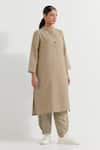 TIC_Beige Cotton Slub Plain Stand Collar Boyfriend Kurta With Straight Pant _at_Aza_Fashions