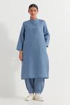 Buy_TIC_Blue Cotton Slub Plain Stand Collar Boyfriend Kurta With Pant _at_Aza_Fashions