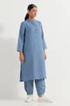 Buy_TIC_Blue Cotton Slub Plain Stand Collar Boyfriend Kurta With Pant _Online_at_Aza_Fashions