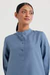 Shop_TIC_Blue Cotton Slub Plain Stand Collar Boyfriend Kurta With Pant _Online_at_Aza_Fashions