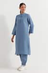 TIC_Blue Cotton Slub Plain Stand Collar Boyfriend Kurta With Pant _at_Aza_Fashions