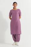 Buy_TIC_Purple Cotton Slub Plain Round Neck Joanna Kurta With Straight Pant _at_Aza_Fashions