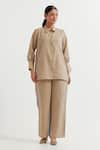 Buy_TIC_Beige Cotton Slub Embroidered Thread Caroline Dual Toned Shirt And Pant Co-ord Set 