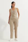 Buy_TIC_Beige Cotton Slub Plain V Neck Button Down Vest And Pant Set _at_Aza_Fashions