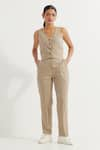 Buy_TIC_Beige Cotton Slub Plain V Neck Anne Button Down Vest And Pant Co-ord Set _Online_at_Aza_Fashions