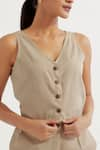 Shop_TIC_Beige Cotton Slub Plain V Neck Anne Button Down Vest And Pant Co-ord Set _Online_at_Aza_Fashions