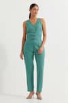 Buy_TIC_Green Cotton Slub Plain V Anne Button Down Sleeveless Vest And Pant Co-ord Set_at_Aza_Fashions