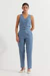 Buy_TIC_Blue Cotton Slub Plain V Neck Anne Sleeveless Vest And Pant Co-ord Set _at_Aza_Fashions