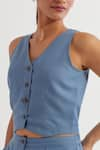 Shop_TIC_Blue Cotton Slub Plain V Neck Anne Sleeveless Vest And Pant Co-ord Set _Online_at_Aza_Fashions