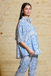 Shop_Sajeda A Lehry_Blue Silk Crepe Digital Printed Floral Collared Athena Greek Shirt With Pant_Online_at_Aza_Fashions