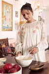 Ayaka_Off White Mul Chanderi Hand Embroidery Flower Top Round Tunic Dress _Online_at_Aza_Fashions