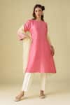 Buy_Mushio_Pink Kurta Chanderi Placement Embroidery Floral Round Neck Gulzar Pant Set_at_Aza_Fashions