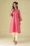 Mushio_Pink Kurta Chanderi Placement Embroidery Floral Round Neck Gulzar Pant Set_at_Aza_Fashions