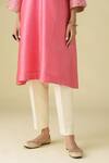 Mushio_Pink Kurta Chanderi Placement Embroidery Floral Round Neck Gulzar Pant Set _Online