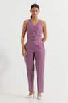 Buy_TIC_Purple Cotton Slub Plain V Neck Anne Sleeveless Vest And Pant Co-ord Set _at_Aza_Fashions