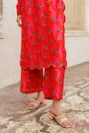 Shop_17:17 by Simmi Saboo_Pink Chanderi Silk Print Chilli Round Neck Abhira Kurta With Pant _Online_at_Aza_Fashions