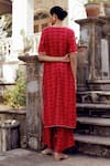 Shop_17:17 by Simmi Saboo_Maroon Chanderi Silk Print Leaf V- Neck Anjum Kurta With Pant _at_Aza_Fashions