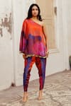 Buy_17:17 by Simmi Saboo_Orange Chanderi Silk Print Illusion One Shoulder Roohi Top With Tulip Pant _at_Aza_Fashions