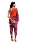 Buy_17:17 by Simmi Saboo_Orange Chanderi Silk Print Illusion One Shoulder Roohi Top With Tulip Pant 