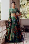 Buy_17:17 by Simmi Saboo_Green Tabby Print Trible Floral Round Neck Vamika Lehenga Set _at_Aza_Fashions