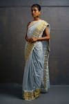 Buy_Rouka by Sreejith Jeevan_Blue Cotton Kasavu Saree With Unstitched Blouse Piece _at_Aza_Fashions