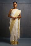 Buy_Rouka by Sreejith Jeevan_Ivory Cotton Kasavu Saree With Unstitched Blouse Piece _at_Aza_Fashions