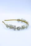 Shop_Foot Fuel_Gold Crystals, Beads Embellished Geometric Carved Brooch Hairband _at_Aza_Fashions