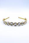 Buy_Foot Fuel_Gold Crystals, Beads Embellished Circular Carved Brooch Hairband _at_Aza_Fashions