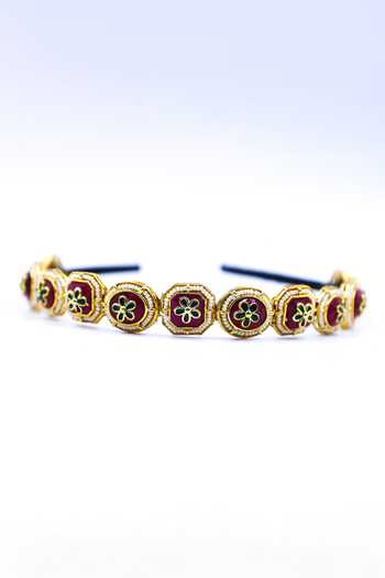 Shop_Foot Fuel_Gold Crystals, Beads Embellished Geometric Carved Brooch Hairband _at_Aza_Fashions