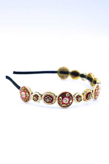 Shop_Foot Fuel_Gold Crystals, Beads, Brooches Floral Embellished Hairband _at_Aza_Fashions