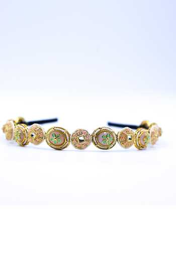 Shop_Foot Fuel_Gold Crystals, Beads, Brooches Floral Garden Embellished Hairband _at_Aza_Fashions