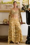 Buy_Moledro_Gold Butterfly Net Embroidery Sequin Perla Marigold Bloom Cape Pant Set _at_Aza_Fashions