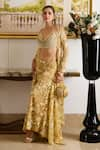 Moledro_Gold Butterfly Net Embroidery Sequin Perla Marigold Bloom Cape Pant Set _Online_at_Aza_Fashions