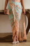 Shop_Moledro_Peach Tube Blouse And Pallu Shimmer Net Rian Park Bloom Pre-draped Saree With _Online_at_Aza_Fashions