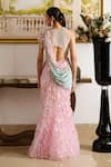 Shop_Moledro_Pink Georgette Embroidery Sequin High Round Zil Embellished Draped Saree Gown _at_Aza_Fashions