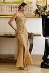 Buy_Moledro_Gold Crochet Embroidery Sequin One Shoulder Zyra Ambrosia Saree Gown _Online_at_Aza_Fashions